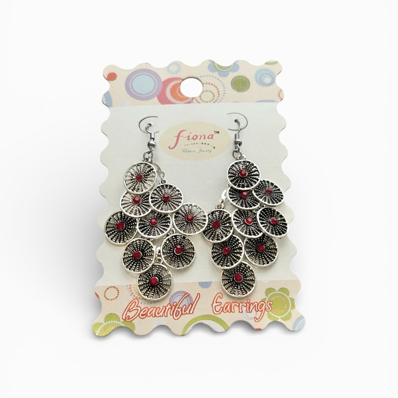 Fiona Jewelry - NWT Fiona Silver Tone Red Rhinestone Chandelier Earrings Boho Statement